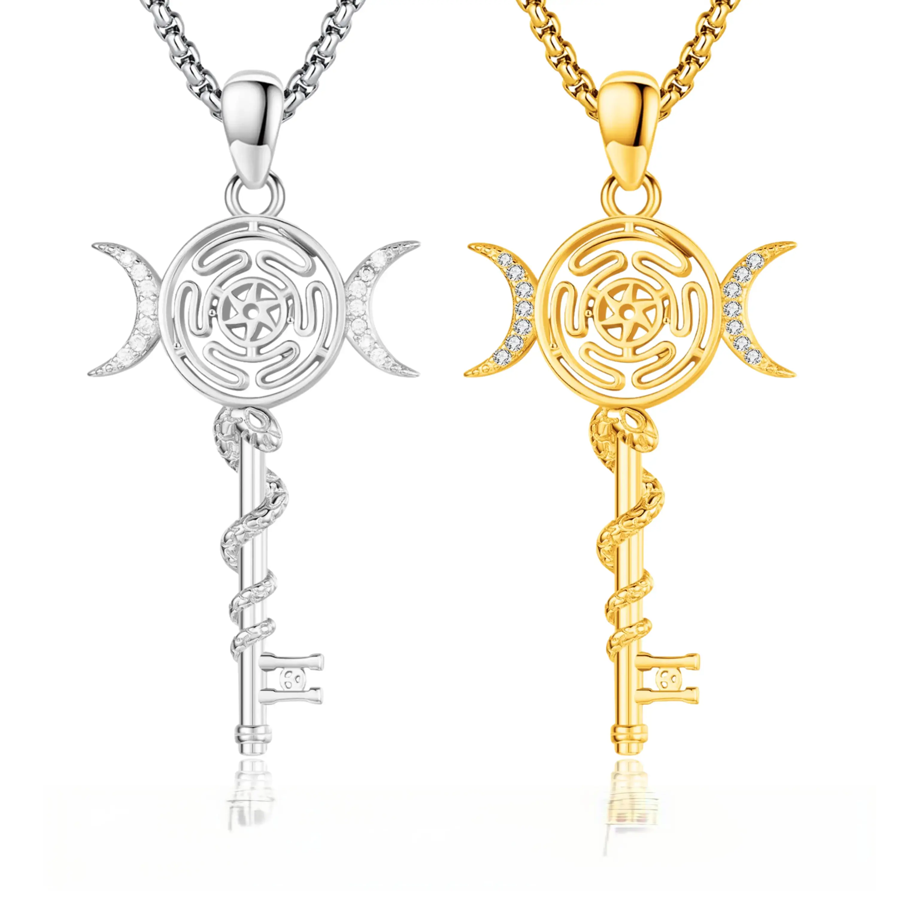 Hecate's Key S925 Sterling Silver Moonstone Necklace, Witchtok Collection, Hekate Triple Moon Goddess Pagan Wiccan Magic Silver Necklace Pendant Protection Blessed Amulet Jewelry Gift for Women Men