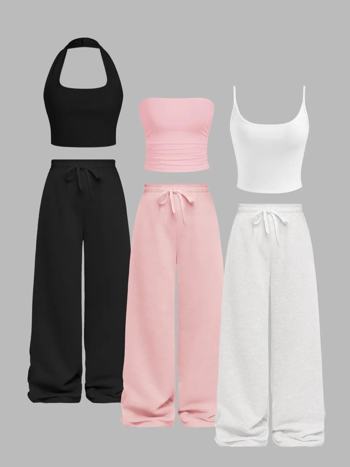 Women's 6-Piece Spring Summer Fashion Casual Simple Halter Neck Top Set Solid Color Crop Tops Adjustable Elastic Waist Comfortable Versatile Pants