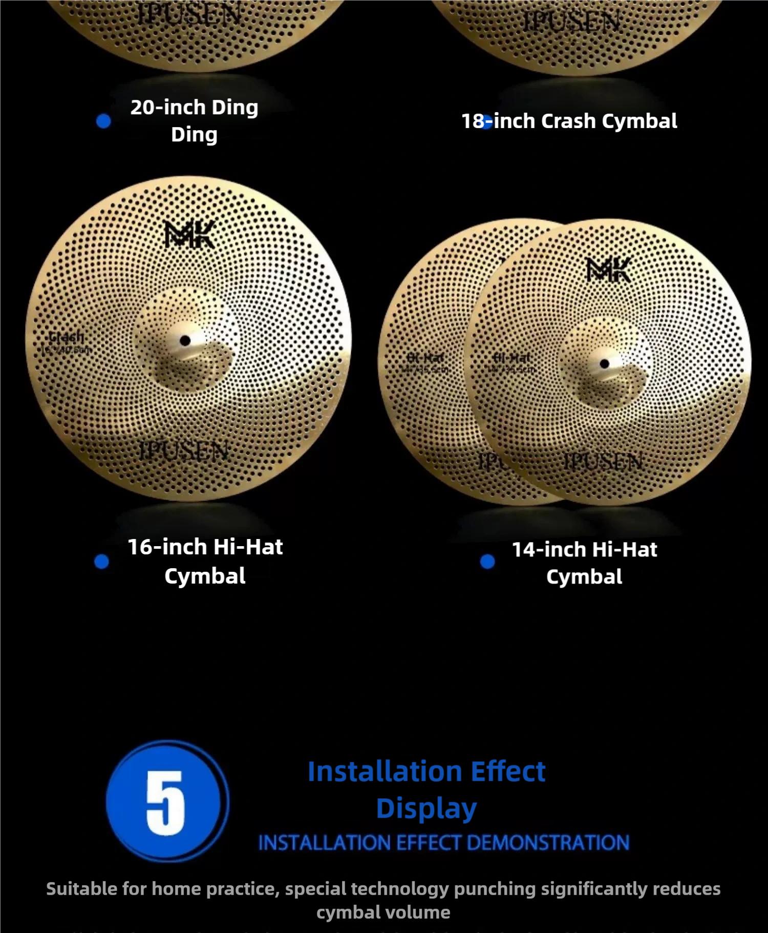Low Volume Cymbal Pack Mute Cymbal Set 14'Hihats+16"Crash+18'Crash+20"Ride 5 Pieces Silver Drummer Practice uiet Cymbal for Drum Set