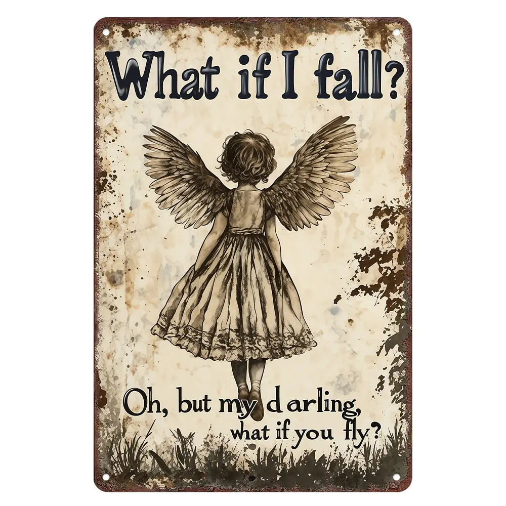 Rustic Antique Parchment Angel Art Inspirational Aluminum Sign 8x12 Inch, What If You Fly Encouragement Wall Hanging Decor for Indoor Farmhouse Nursery Porch Wall decorative plaque fun gift idea vintage metal wall art sign quirky home