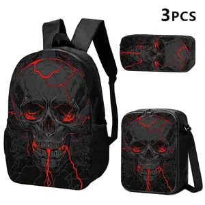 Skull-Themed Backpack, Crossbody Bag, And Pouch Available in 1pc, 2pcs, Or 3pcs, Featuring Striking Red Lightning Cracks.Ideal for Young Adults for Everyday Use Or Travel