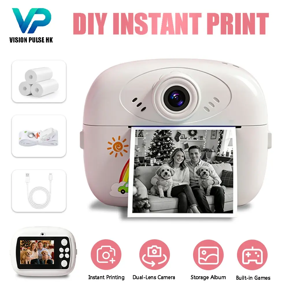 Instant Print Camera for Kids, Dual Lens Selfie Digital Camera with Zero Ink Printing, Fun Filters & Stickers, Optional 32GB Memory Card, Includes 3 Rolls Photo Paper