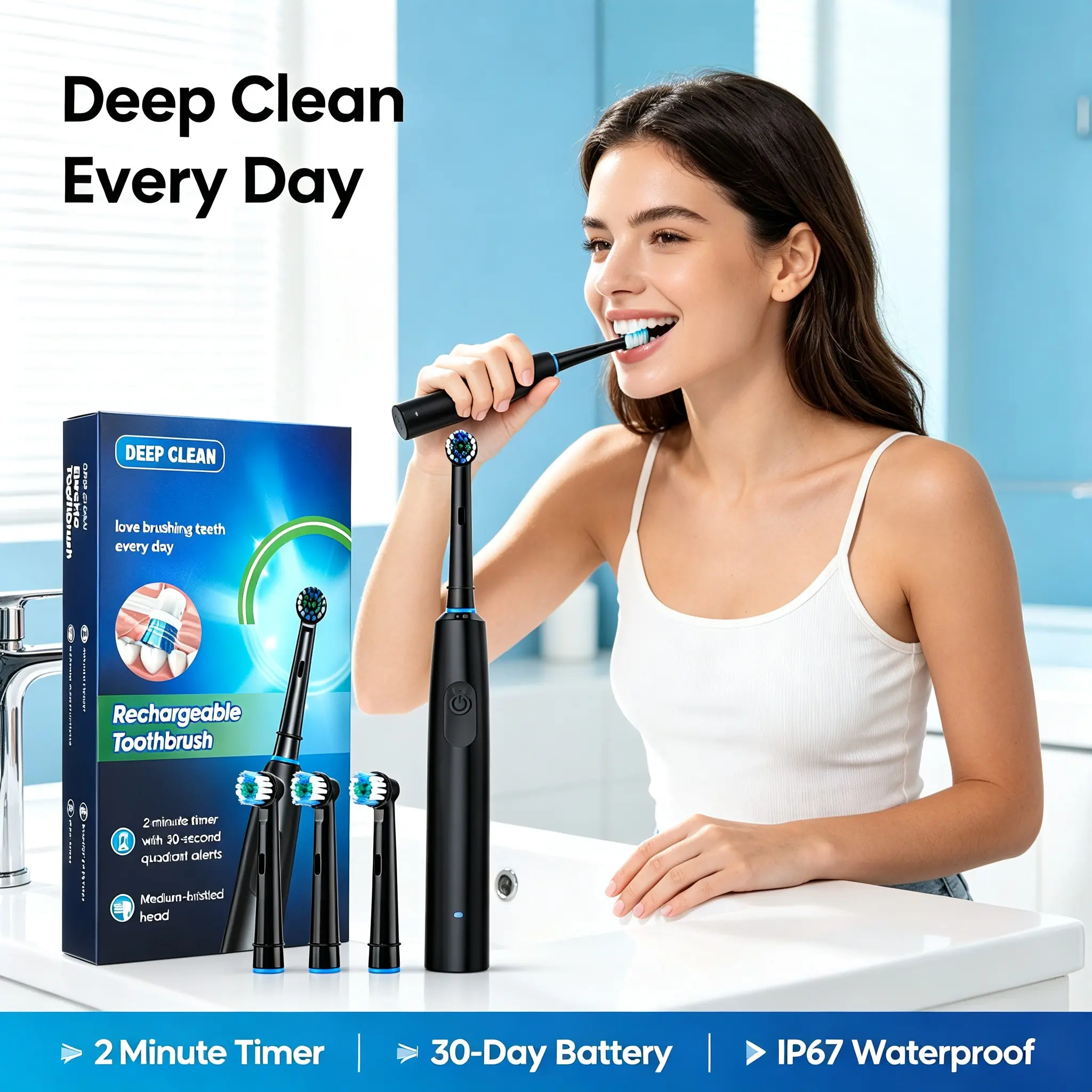 Electric Toothbrush with 4 Brush Heads, Rechargeable, 5 Cleaning Modes, Smart Timer, 3-Hour Fast Charge, Rounded Soft Bristles,Long Battery Life,USB Charging,Unisex, Travel-Friendly Design,Portable Design. Great personal care gift for Christmas