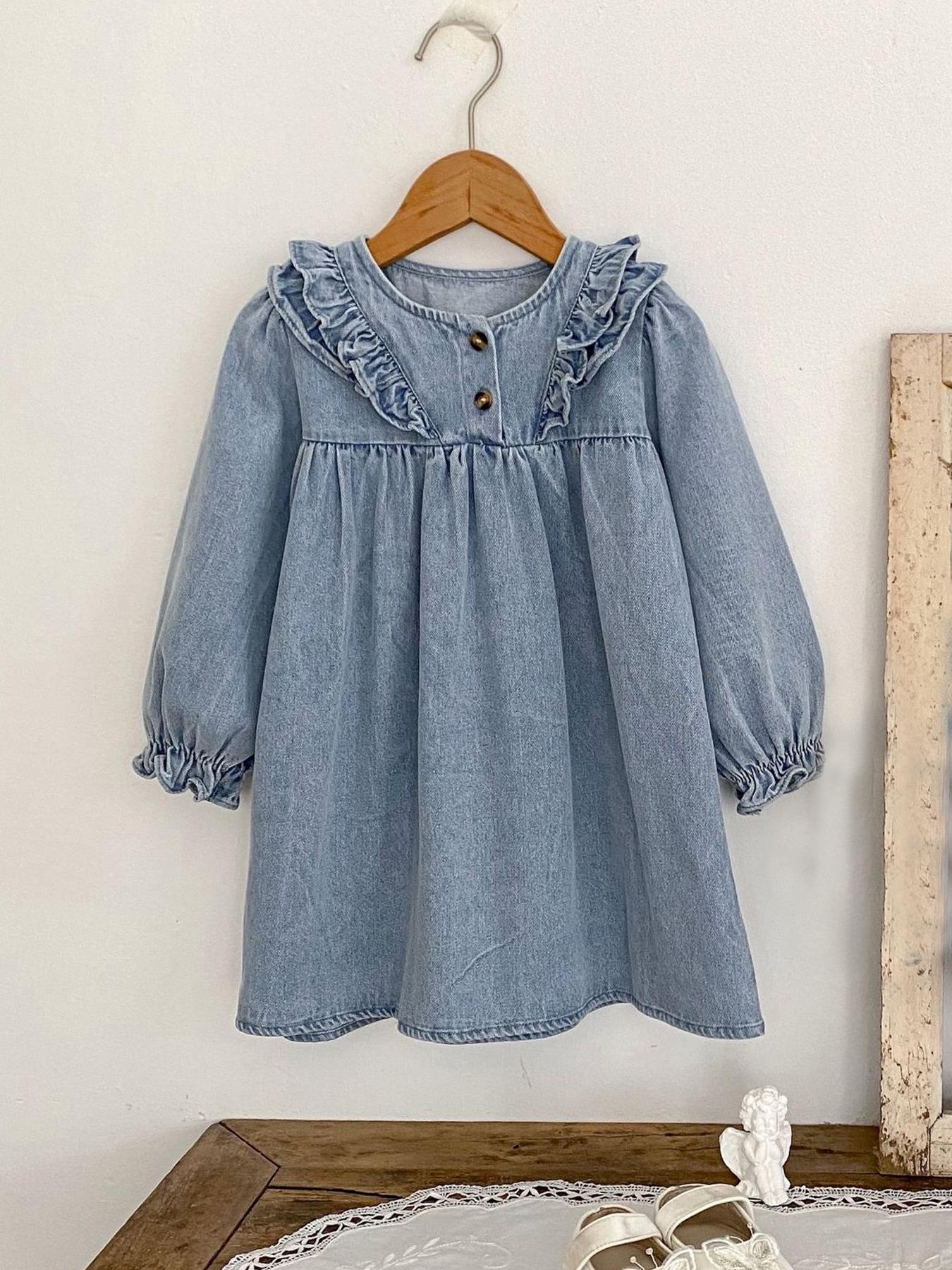 Toddler Girl's Denim Dress, Casual Long Sleeve Lace Trim Dress for Daily  Wear, Kids Clothes for All Seasons, Baby Girl Clothes - TikTok Shop