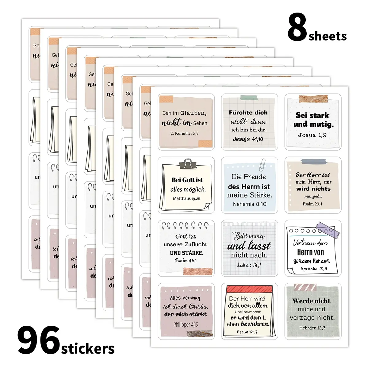 96 PCS/8Sheets German Bible Verse Stickers, Aesthetic Scripture Quote Label Stickers, Vintage Notebook Style Christian Faith Decals, Motivational Faith Decorative Stickers
