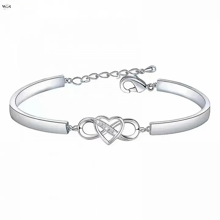 Infinity Interlocking Double Heart CZ Bangle Bracelet Adjustable Extension Chain 6 Colors Stainless Steel Women Romantic Love Promise Wedding Daily Wrist Jewelry Gift