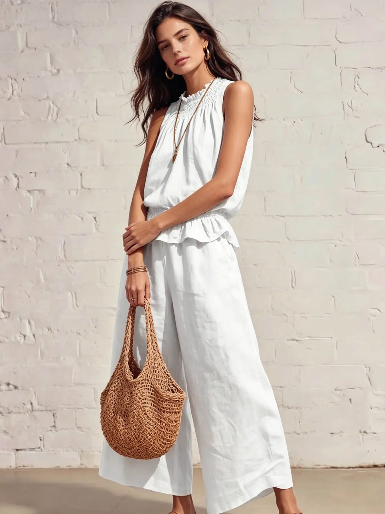 Two-piece women's fashionable loose-fitting solid-color set, featuring a pleated halter top with ruffle trim and a loose-fitting wide-leg pants, ideal for summer, vacation, travel, music festivals, business trips, and afternoon tea.