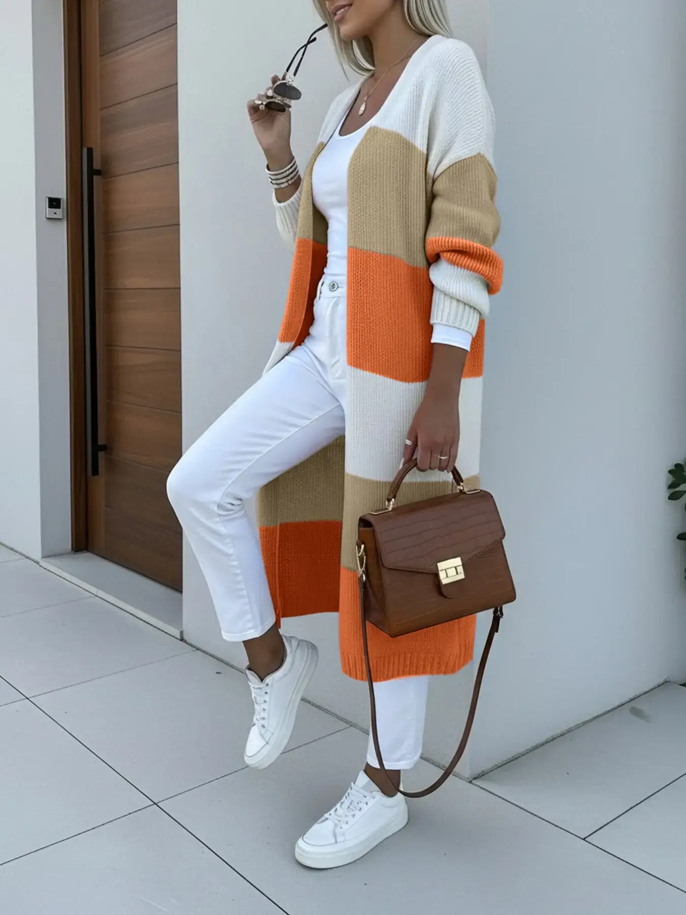 New Fall Winter Fashion Casual Loose Knit Patchwork Striped Long Sleeve Knit Cardigan for Women, Trendy and Comfortable Outerwear
