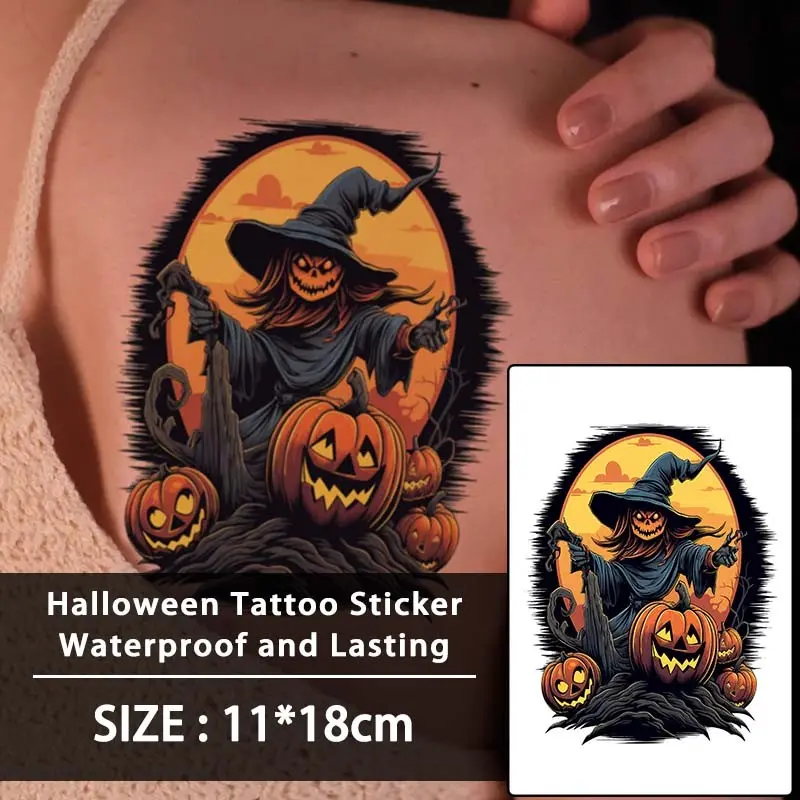 Halloween Pumpkin Colorful Cartoon Party Temporary Tattoo Stickers, Waterproof, Realistic Fake Tattoos for Face, Arm, Leg, Chest, Collarbone, Back