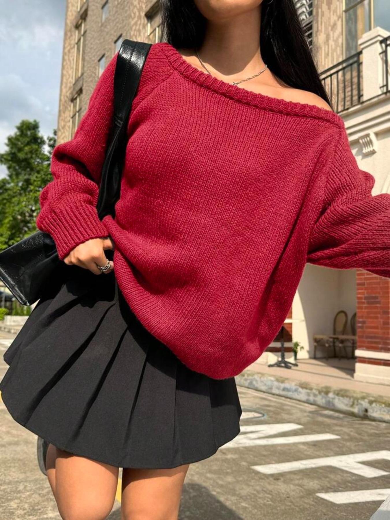 Women's Solid Off Shoulder Raglan Sleeve Sweater, Casual Long Sleeve Jumper for Fall & Winter, Fashion Ladies' Knitwear for Daily Wear, Womenswear