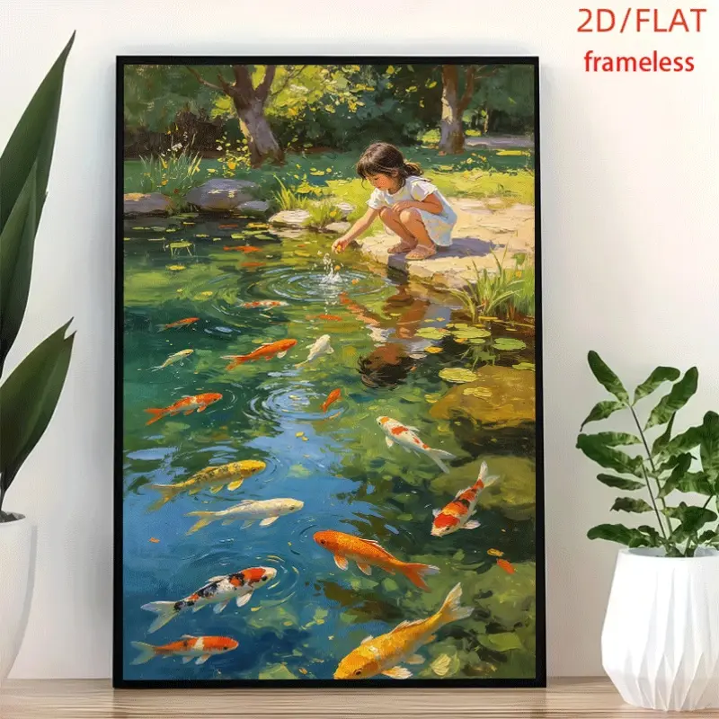 frameless Girl Feeding Colorful Koi In Pond Art Decor Print Poster, Wall Art for Living Room, Bedroom, Office, Dining Room & Bar, Perfect Gift & Home Decor, 12in x 16in