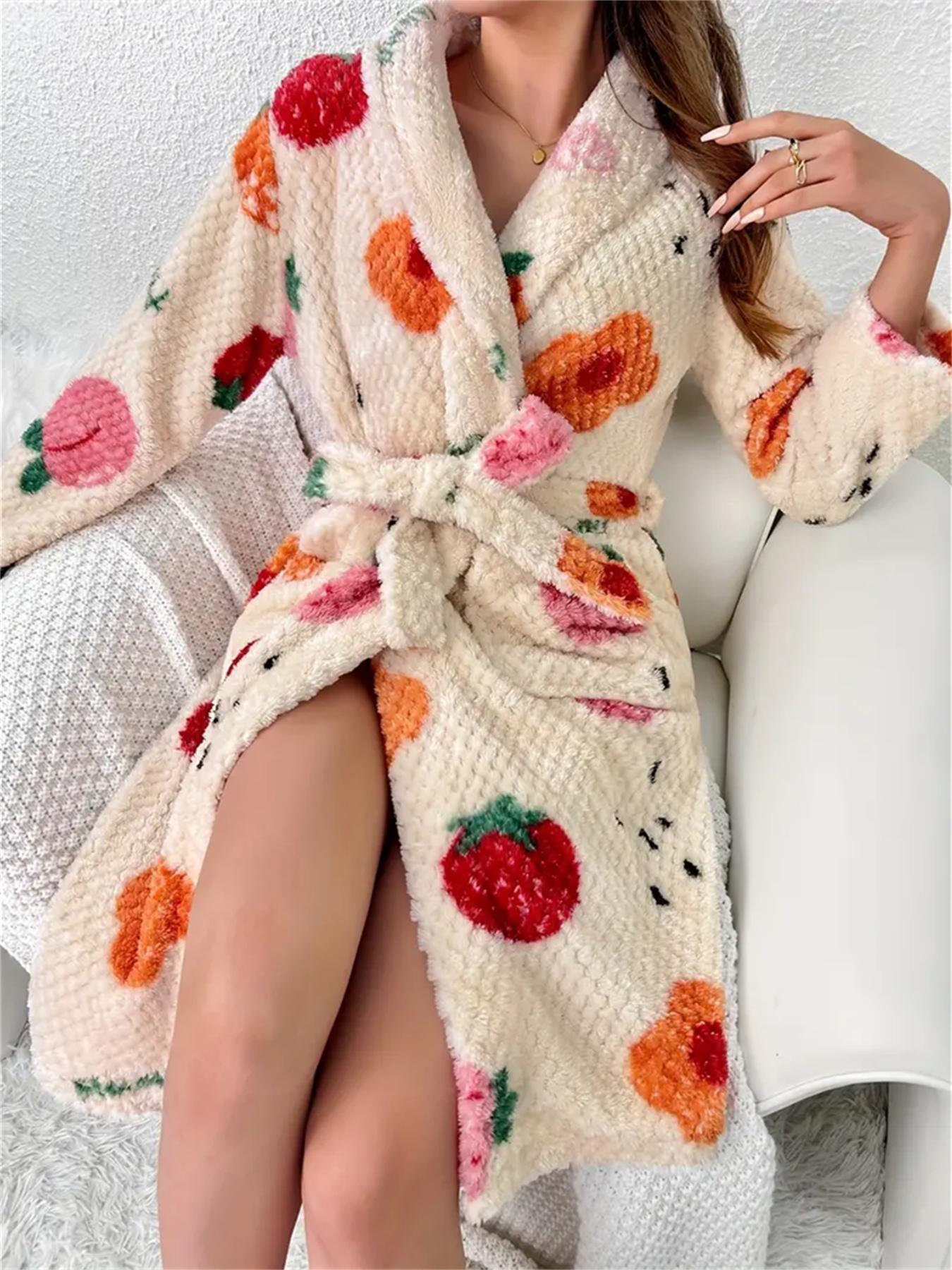 Women Flannel Bathrobe, Floral Fruit Print Shawl Collar Long Sleeve Dressing Gown with Pocket, Soft Textured Casual Loungewear Robe for Fall Winter Home Wear