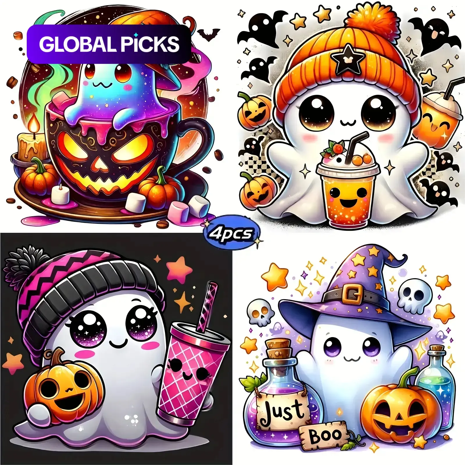 4pcs Halloween Ghost Diamond Painting Kit, Adult Art Craft Set, DIY 5D Round Drill Home Decor, No Frame Wall Decoration, DIY Kits #GLOBAL PICKS