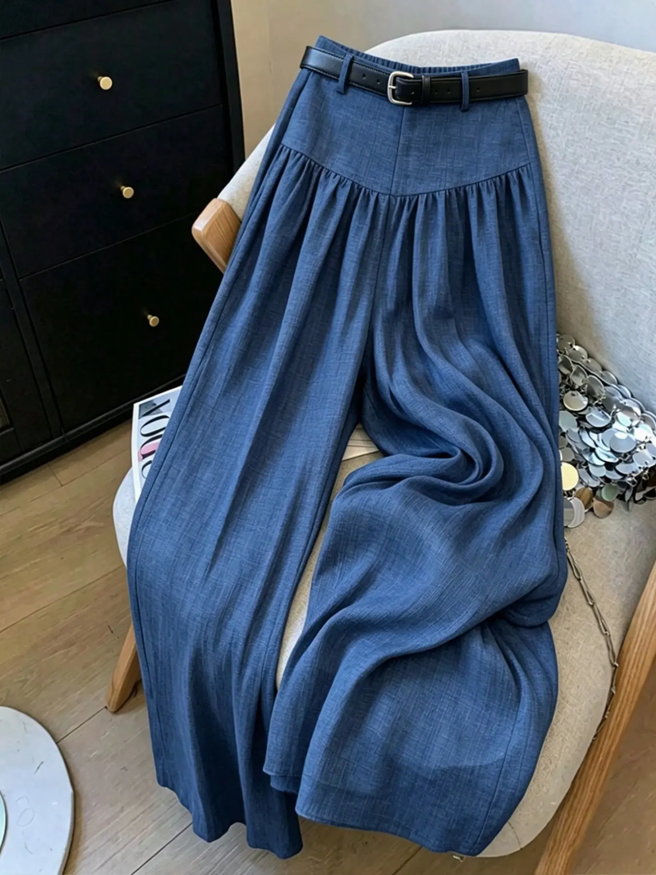 High-Waisted Pleated Denim Wide Leg Pants for Women, Includes Belt, Lightweight Casual Suit Pants, Trendy and Comfortable