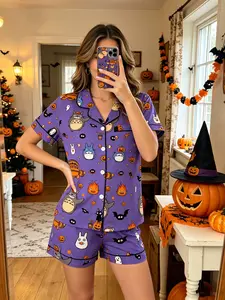 Halloween Pumpkin Ghost Bat Cartoon Print Women's Pajama Set, Comfortable Wear-Outside Sleepwear, Casual Home, Party Gift