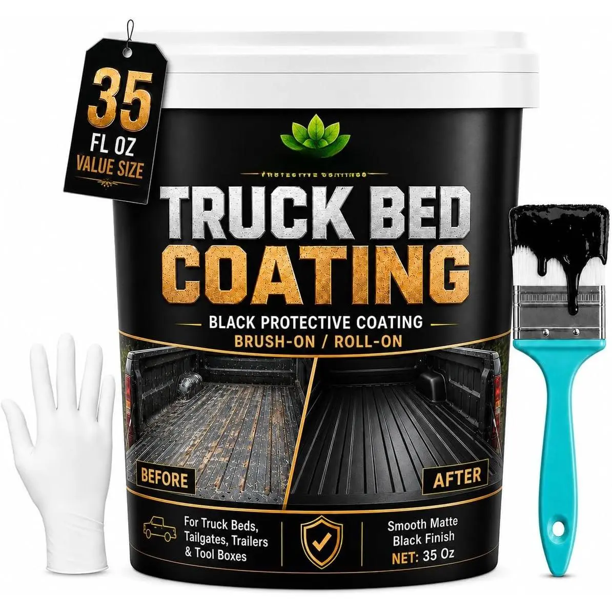 Bed Liner , 35 Oz Black Protective Coating for Pickup Beds, Tailgates, , Tool Boxes & Metal Surfaces, Brush- or Roll- Application with Brush, Gloves & Sandpaper