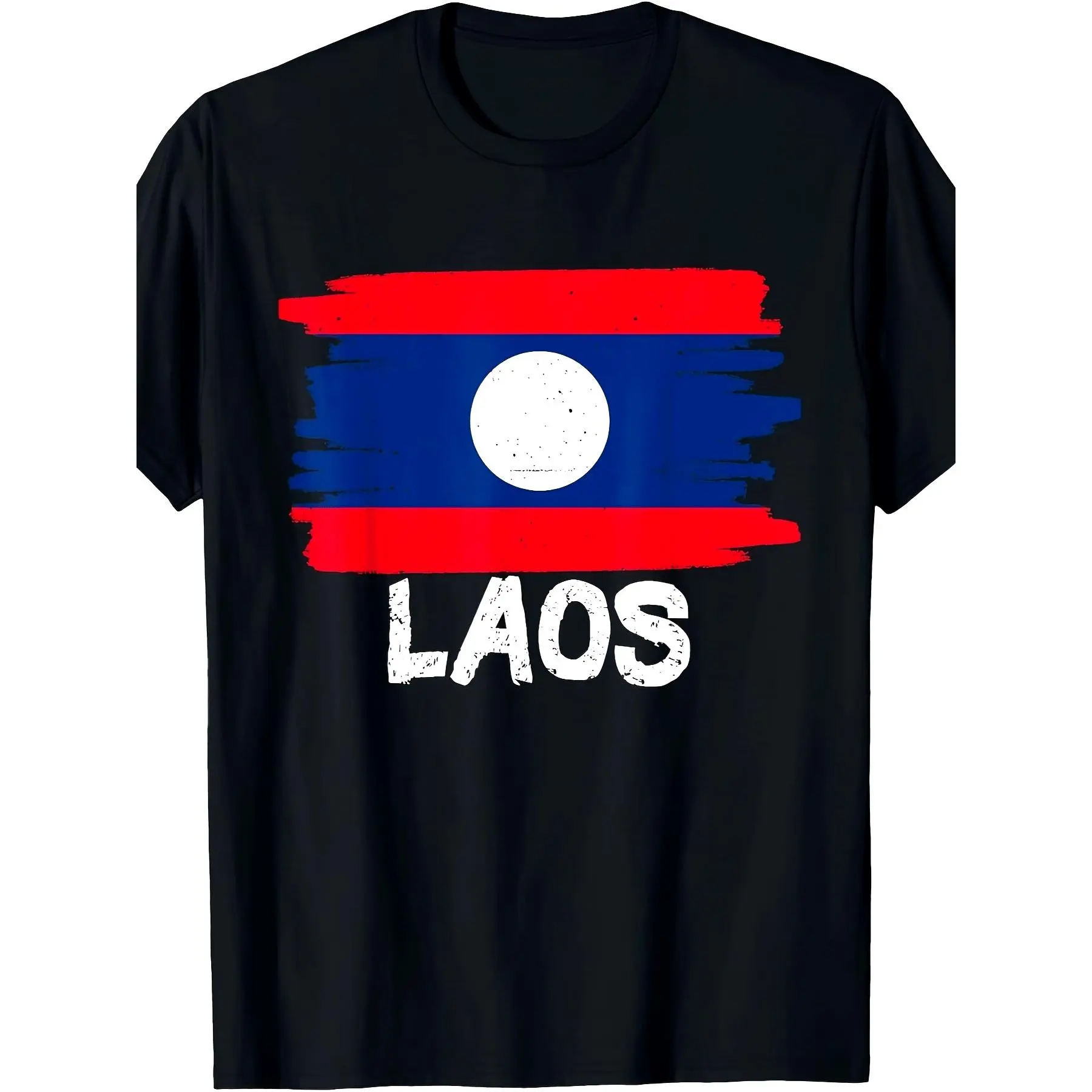 Men's Laos Flag Graphic T-Shirt - 100% Cotton Casual Crew Neck Short Sleeve with National Emblem & LAOS Lettering - Lightweight Breathable Fabric for Casual Attire & Laos-Themed Events - Machine Washable Black with Red/Blue Stripes & White