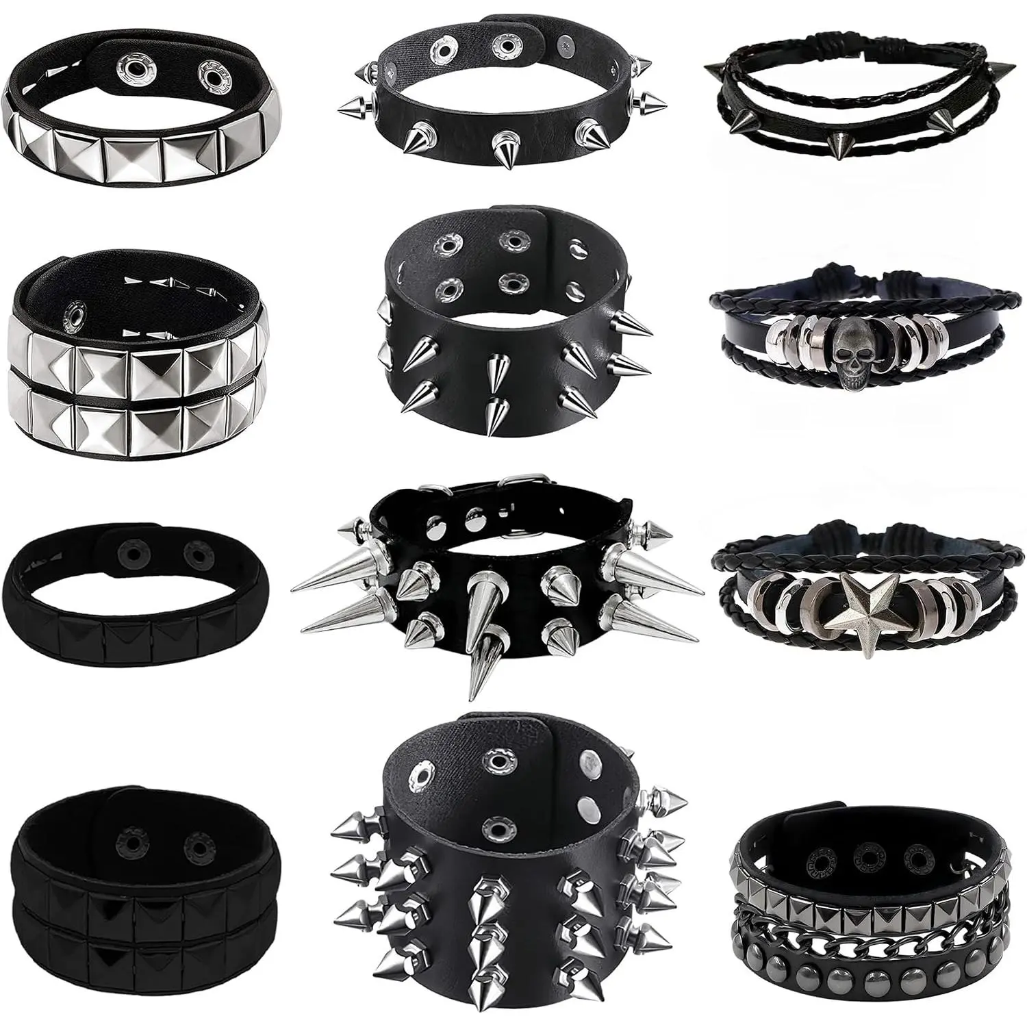 4-12 Pieces Spiked Bracelets, Studded Bracelet Emo Bracelets Black Pu Leather Cuff Rivet Gothic Goth Punk Bracelet Punk Accessories for Women Men