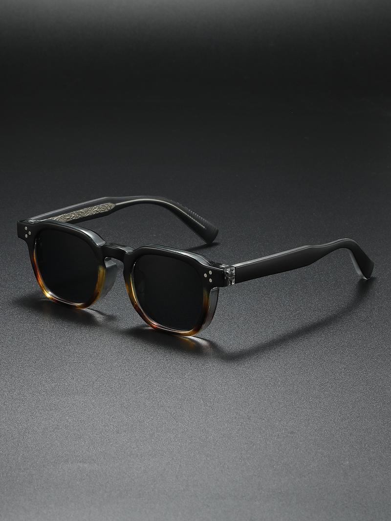 Vintage Square - Frame Sunglasses: Transparent Gray Acetate Frame, Tortoise - Patterned & Engraved Temples, Black Lenses