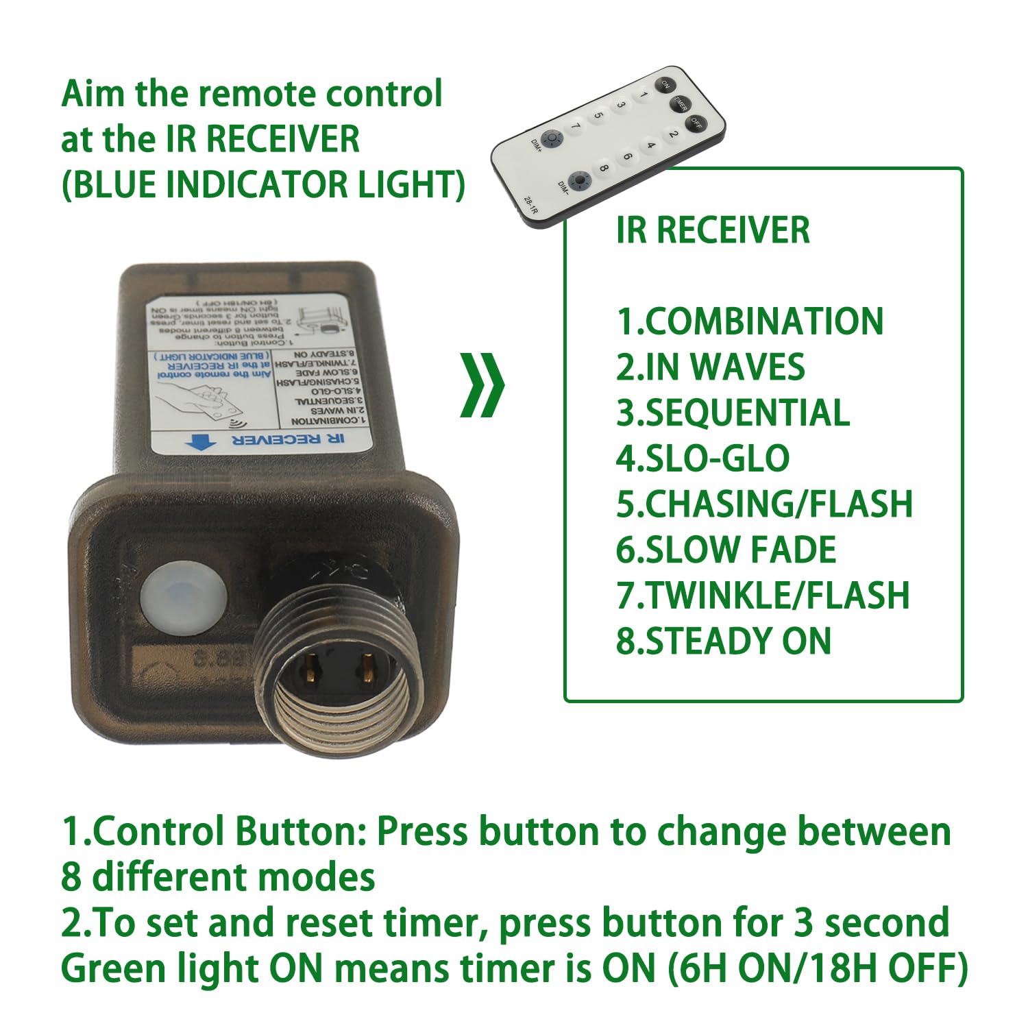 30V 6W 8 Mode LED Controller with Memory Function and IR Remote Control Low  Transformer for Holiday String Lights,not Fit for 8 Mode with Control Box and 1 Mode String Light(1 pcs)