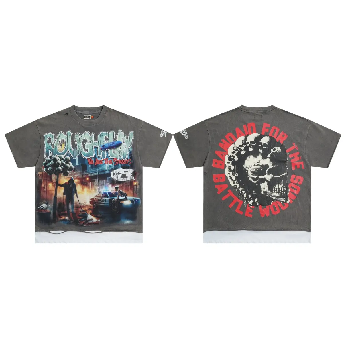 Roughplay Front Back Graphic Distressed Cut Hem Short Sleeve T-Shirt Rhinestone Letter Oversized Heavyweight Washed Cotton Tee Vintage Skull Rock Moto Print Streetwear Top For Men Birthday Halloween Christmas Holiday Gift For Streetwear Fans, Pants, Casua