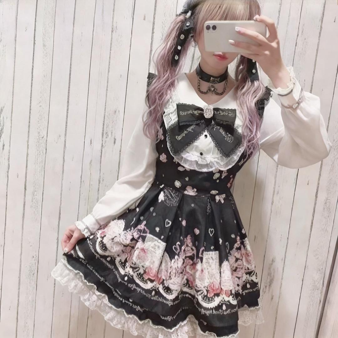 Kawaii Lolita Suits Harajuku Sweet Lace Patchwork Slim Fit Blouse +  High Waist Skirts Women Spring New Black Two Piece Sets