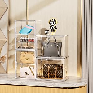 Acrylic Box Display Case, Clear Plastic Stackable Storage Bins with Magnetic Attraction Lid, Showcase for Cosmetic, Large Figures Collectibles (5 Pack, X-Large)