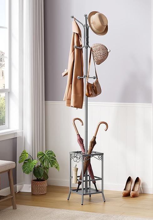 Coat Rack Freestanding, Coat Tree with Umbrella Holder, Metal Coat Rack Stand with 12 Hooks, Standing Coat Hanger Stand, Umbrella Stand for Entryway, Hat Rack Stand for Home Office, Black
