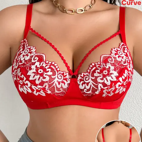 Plus Size Wireless Bra for Women, Sexy Elegant Floral Lace Trim, Comfortable Wide Adjustable Straps Daily Wear Underwear, 1 Piece or 2 Pieces Set Lingerie