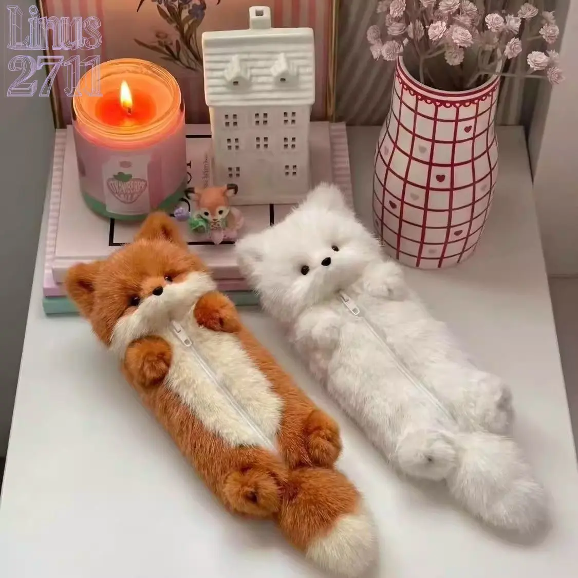Kawaii Fluffy Fox Plush Pencil Case Soft 3D Cartoon Fox Zipper Pen Bag Large Capacity Student Stationery Storage Pouch