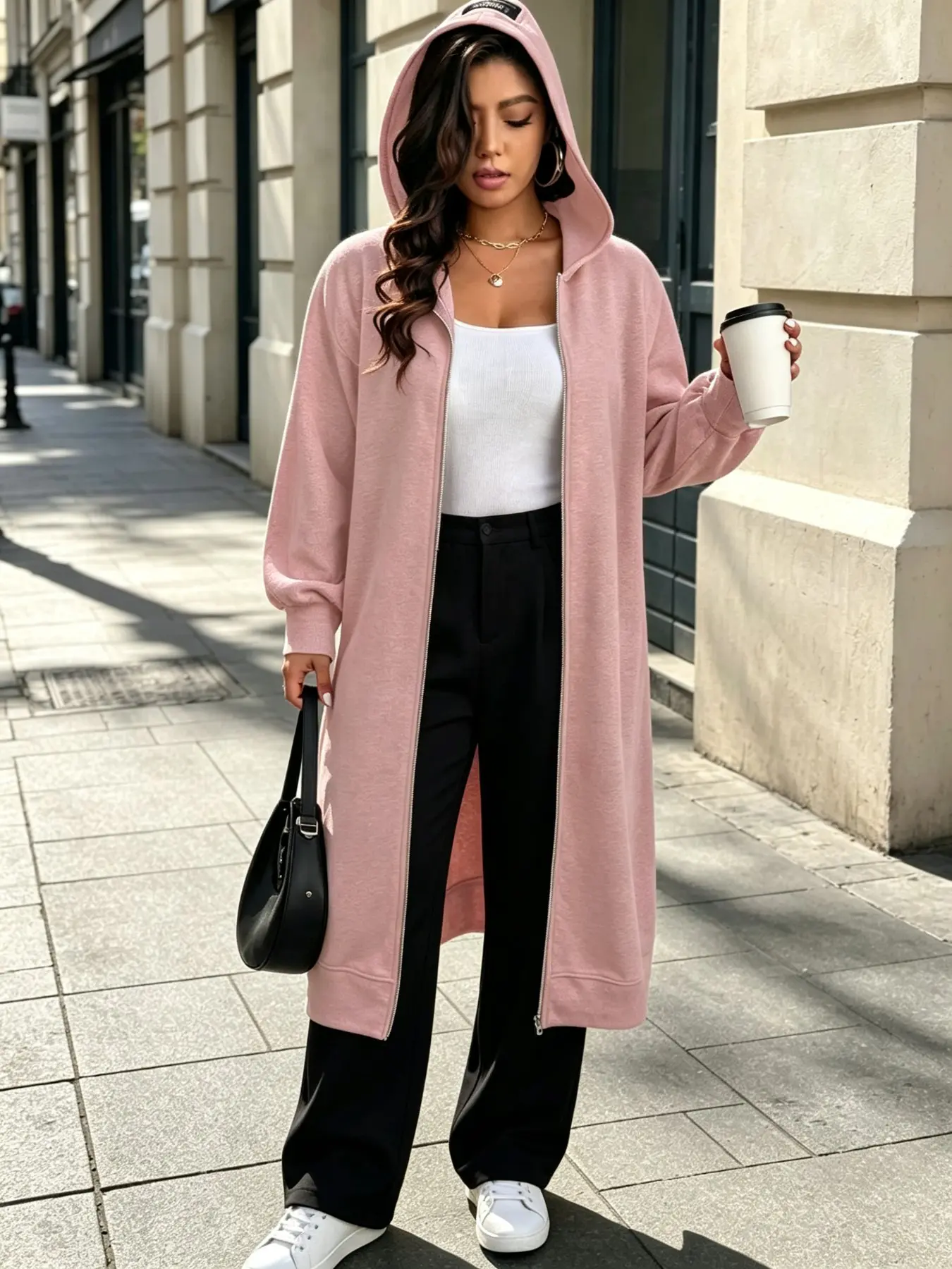 Plus Size Long Hooded Zip-Up Sweatshirt, European Style Casual Lazy Look, Lantern Sleeve, Conceals Fat, Slimming, Rainy Day Streetwear Jacket