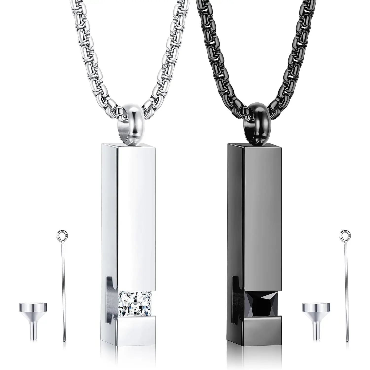 2Pcs Cremation Urn Pendant Necklaces for Ashes, Black Stainless Steel CZ Keepsake Necklaces, Memorial Ashes Jewelry