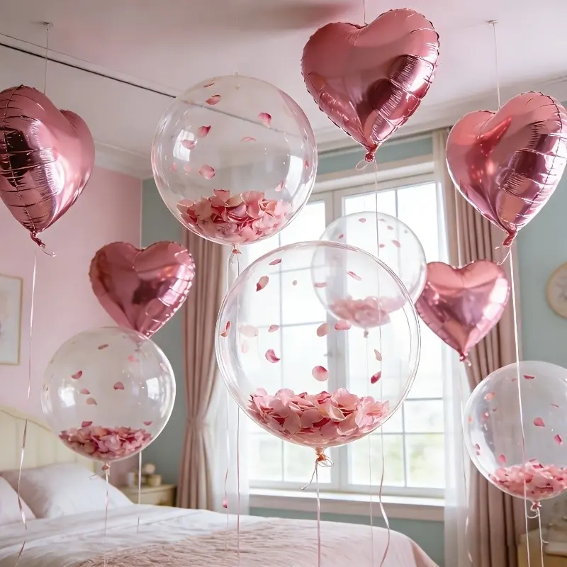 110pcs Balloon Set, Heart Aluminum Foil Balloons, Transparent PVC Balls, 100 Fake Petals, Perfect for Wedding Decor, Valentine's Day Party