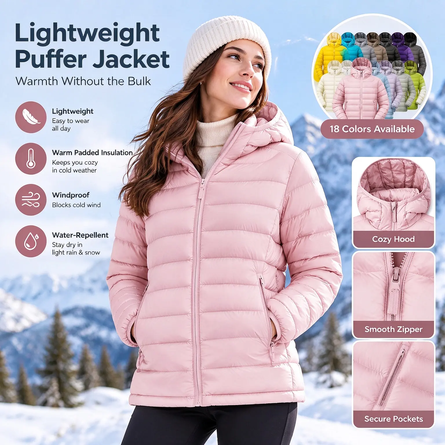 Womens Pink Lightweight Puffer Jacket, Packable Winter Hooded Coat, Loose Fit Casual Outerwear, Great for Daily Wear Dating Outdoor