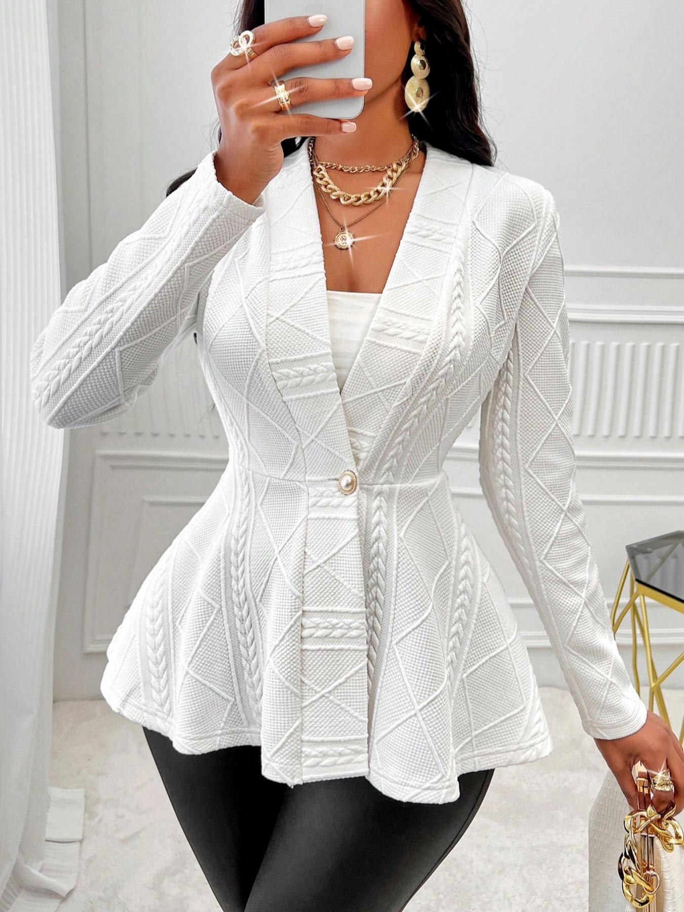 Women's Textured Faux Pearl Button Peplum Hem Coat Long Sleeve V Neck Fall Outerwear Elegant Design Pearl Accent Detail Daily Wear
