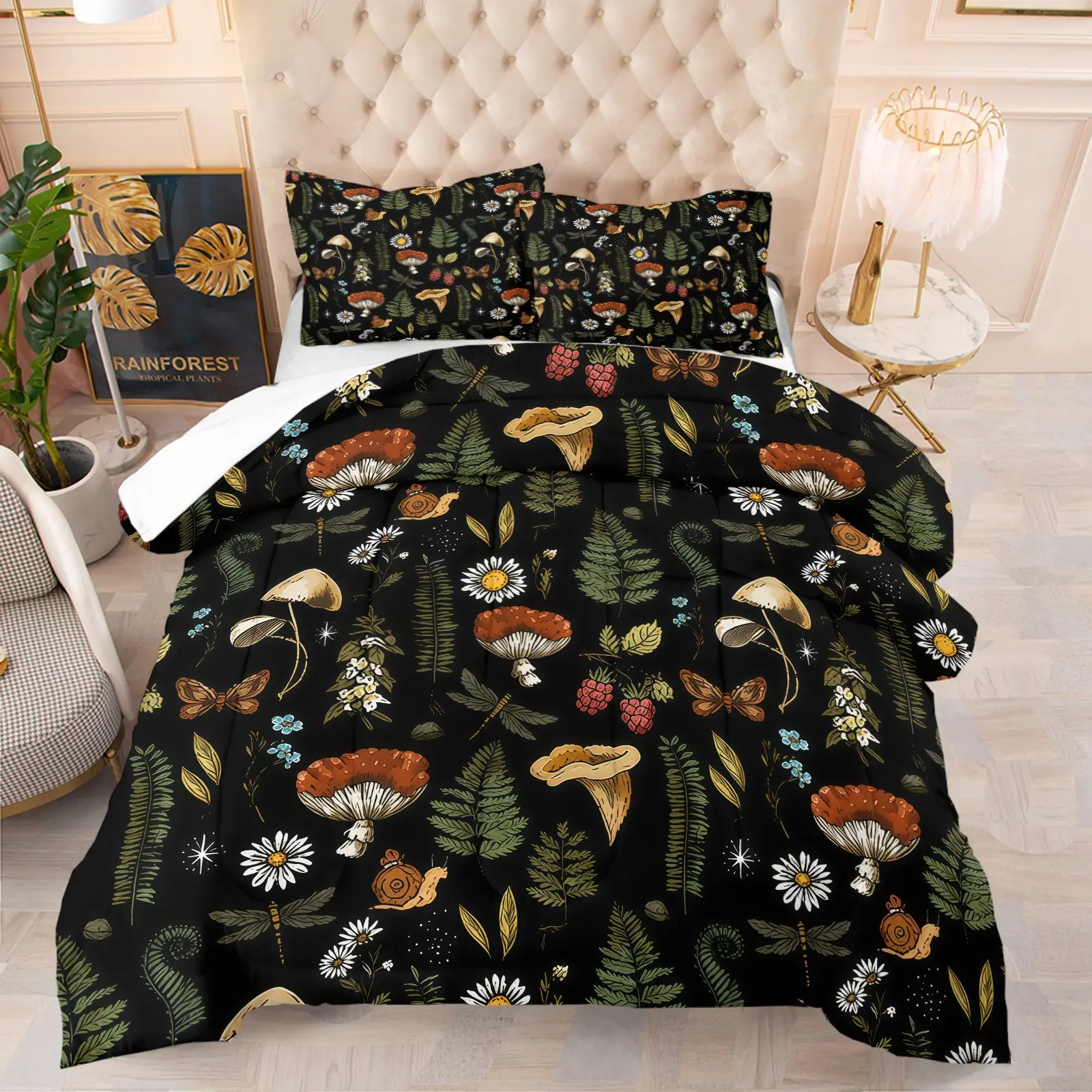 Mushroom Forest Pattern Comforter Set, Forest Plant Print Comfy Bedding Set (1 Comforter + 1/2 Pillow Case, No Pillow Core), Suitable For Nature Lovers, Bohemian Style Lovers, College Students, Bedrooms, Dormitories, And Cabin Scenes