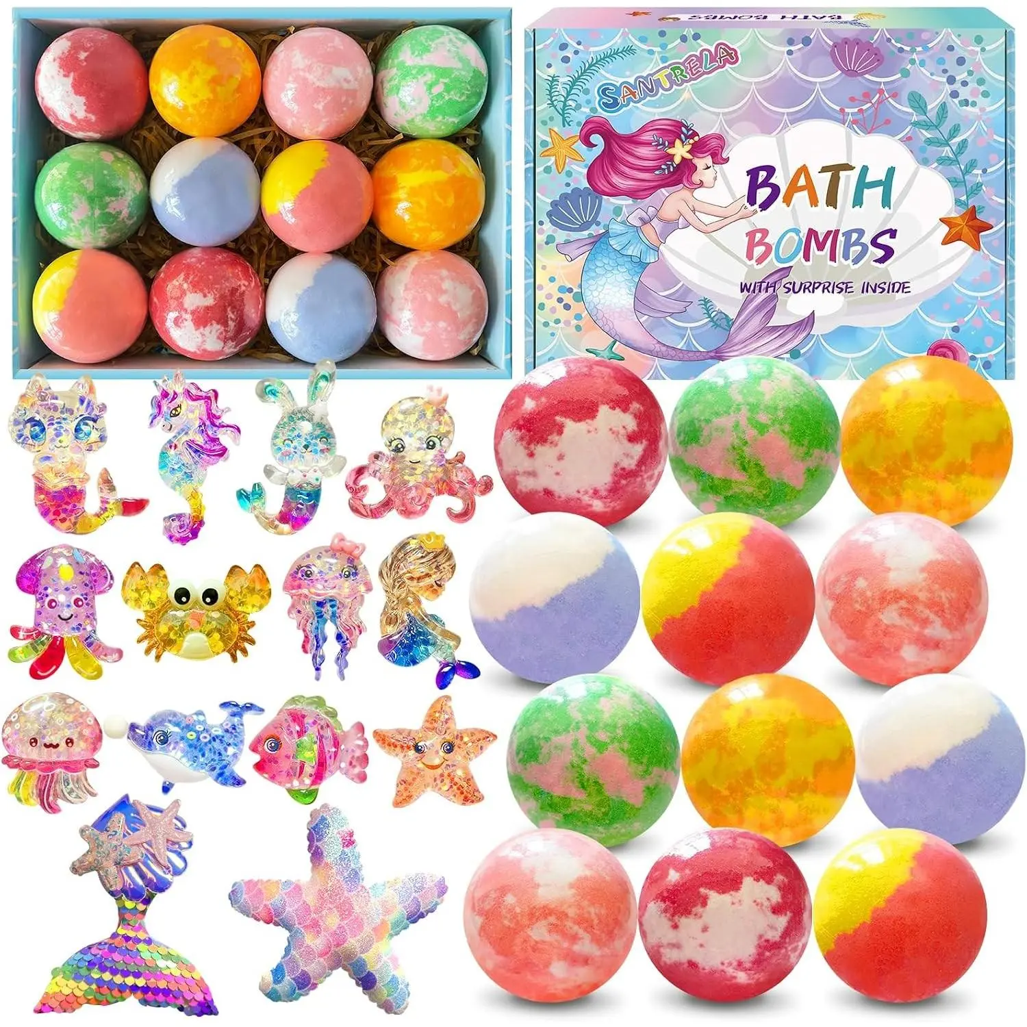Bath Bombs for Kids with Surprise Inside, 12pcs Kids Bath Bombs with Mermaid Toys Gift Set for Girls, Shea & Coco Butter Dry Skin Moisturize, Birthday Easter Gifts Spa Bath Ball with Bath Toy FunGift