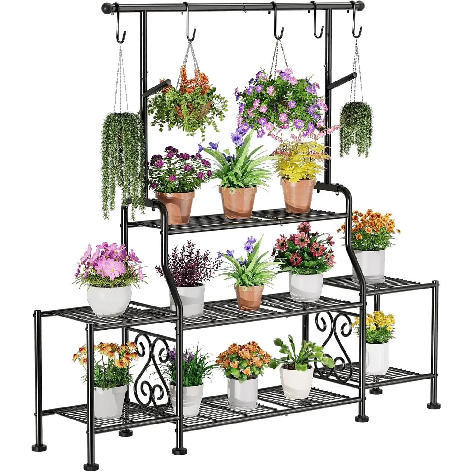 3-Tier Tall Metal  Stand Indoor Outdoor - Heavy Duty  Shelf for Garden, Patio, Balcony with 5  Hooks, Holds 16-25 , Black