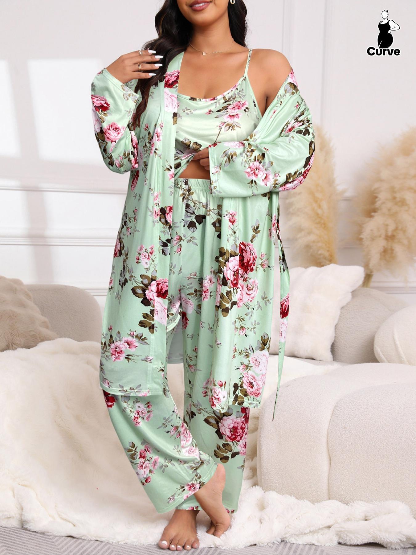 Plus Size 3-Piece Set Floral Print Belted Lounge Robe & Cami Top & Elastic Waist Pants Pyjama Set, Elegant Comfy Women's Sleepwear for Spring & Fall