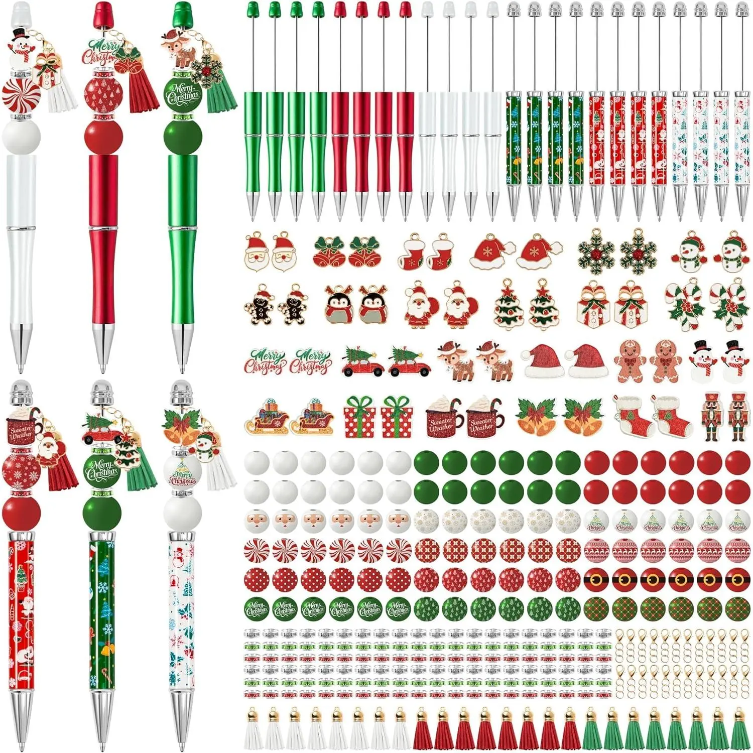 Christmas Beadable Pens Kits- 24 Set Xmas DIY Ballpoint Craft Making with Bead Craft, Snowman Snowflake Beaded Pen Bulk Charm Tassel Supplies for Holiday Party School Students