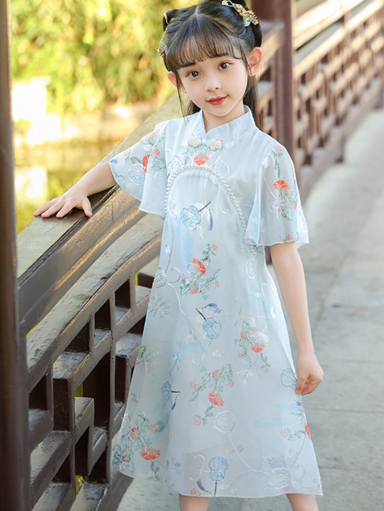 NewGirls' Chinese Style Cheongsam Chiffon Dress Summer Hanfu Light Comfortable Fashion Casual Princess Dress for Outdoor Activities Gifts Party
