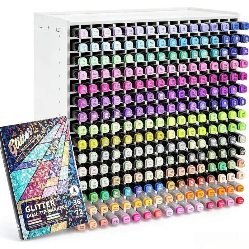 240 Slots Wooden Desktop Marker Organizer Large Capacity Art Storage Box, Wooden Pencil & Marker Holder Comes with 72 Colors Dual Tip Glitter Metallic Markers (36Pcs) for Craft Journal School Office Home Use