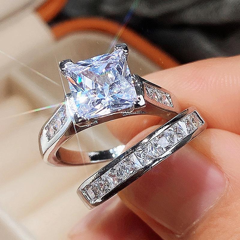 Princess round diamond couple ring - Engagement, proposal and wedding ring. Anniversary, birthday gift. Lightweight luxury full-diamond ring. Fashionable and versatile ring. High-end accessory.