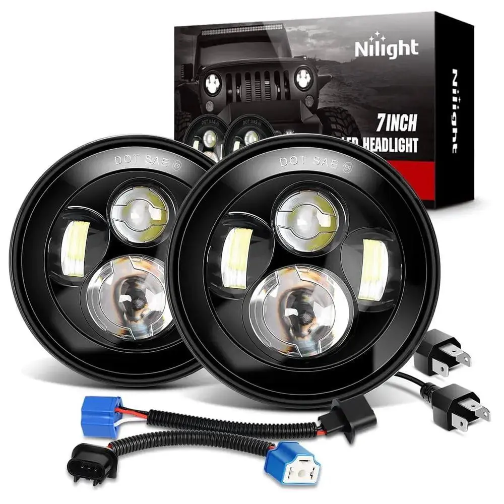 Nilight 7in Round LED Headlight Pair Set - Automotive Headlight Bulbs, Bright High-Low Beam, 4500/3600 Lumens, Chrome Housing, IP67 Waterproof, LED Driving Light, Replacement Car Light for Jeep Wrangler JK TJ JL CJ 1997-2020 Rubicon Sahara, Hummer H1 H2,,
