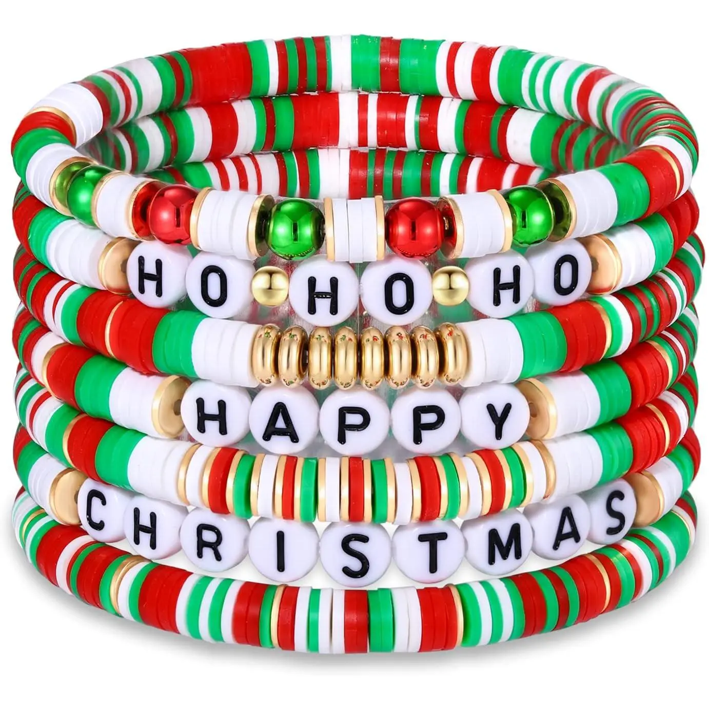 Christmas Beaded Stretch Bracelets Stackable Polymer Clay Disc Beads Bracelets Heishi Surfer Perppy Adjustable Bracelets