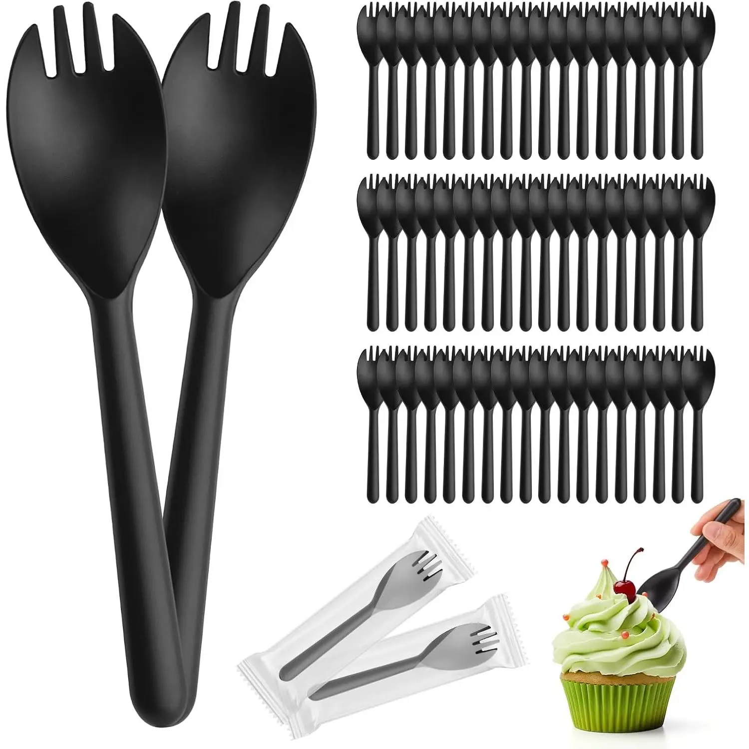 100Pcs Medium Black Disposable Sporks, 5.4 Inch Individually Wrapped Plastic Fork Spoon, Heavy Duty Cutlery for Catering, Takeout, Events, School Lunches & Office Snacks