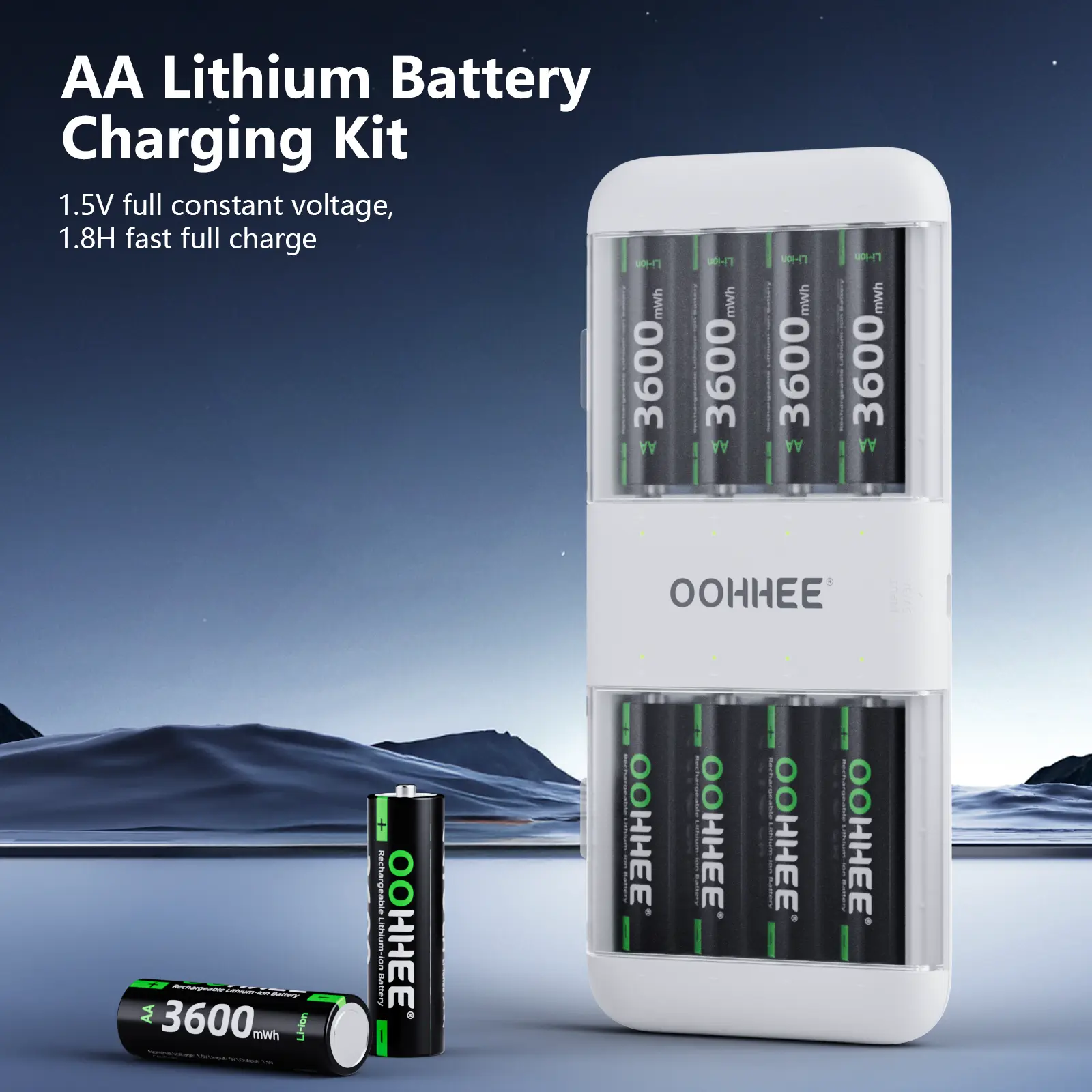 8x OOHHEE 1.5V 3600mWh Rechargeable Lithium AA Batteries White + Fast Charger