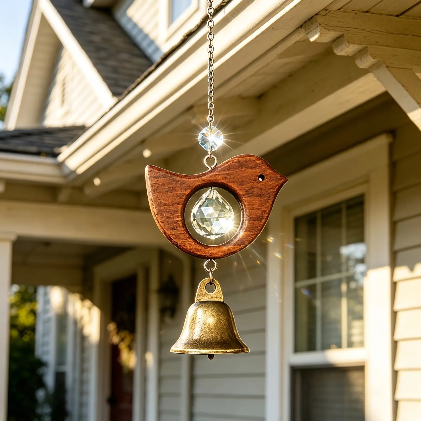 Wooden Bird Crystal Bell Hanging Ornament, Rainbow Light Effect, Indoor Outdoor Decor, Window Balcony Courtyard Decoration