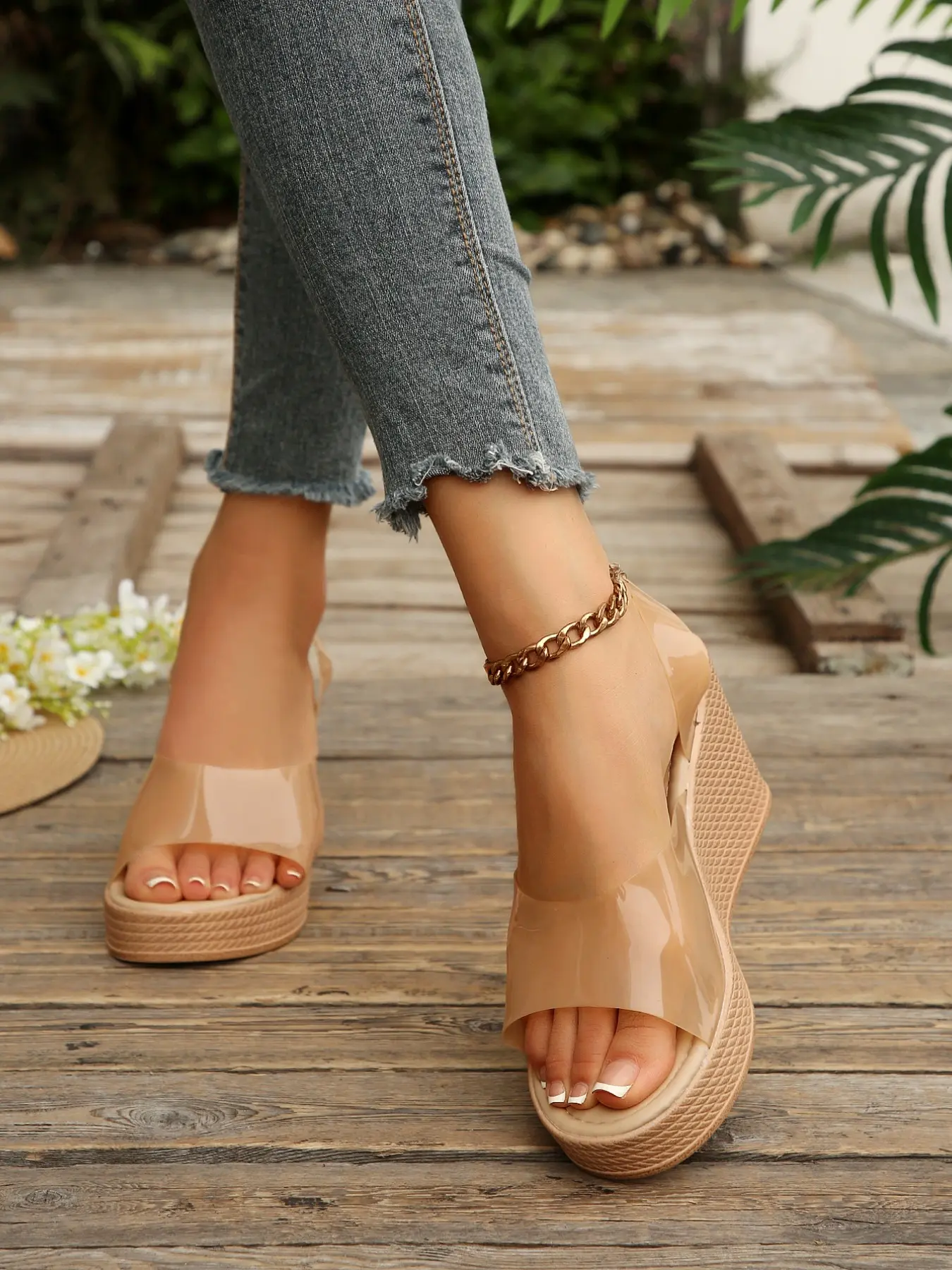 Open-Toe Wedge Heels, Transparent Strap Design, Thick Sole, Slimming Effect, Natural Leg Lengthening, Versatile Fashion Shoes