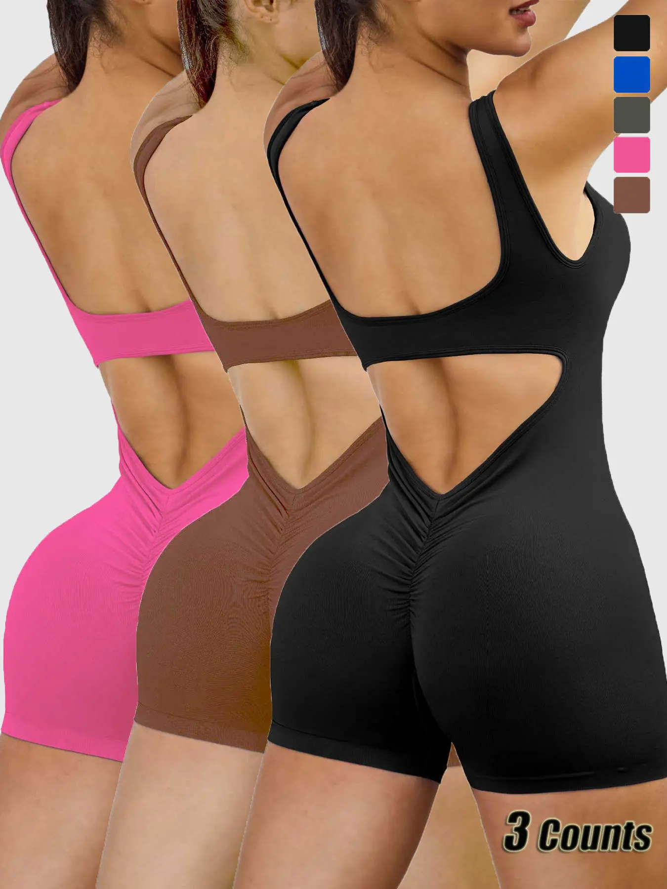 Women's Summer Sports Romper, Sporty Romper, Yoga Running Tennis Workout Apparel Seamless sportswear, hollowed-out V-Back Design, Wrinkle lift buttocks Sleeveless one-piece tight fitting jumpsuit gym wear